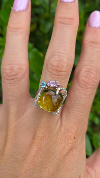 Vintage: 9ct White Gold Lemon Quartz, Topaz, Amethyst, Garnet & Diamond Multigem Cocktail Ring