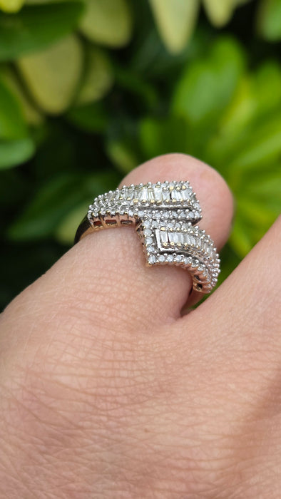 Vintage: 9ct Yellow Gold Multi-Diamond Crossover Dress Ring