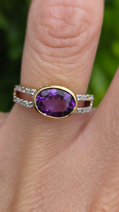 Vintage: 9ct Gold Amethyst & Diamond Openwork Dress Ring