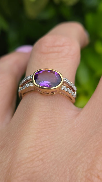 Vintage: 9ct Gold Amethyst & Diamond Openwork Dress Ring