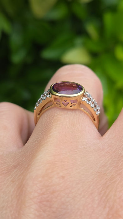 Vintage: 9ct Gold Amethyst & Diamond Openwork Dress Ring