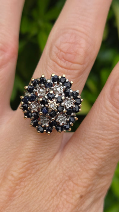 Vintage: 9ct Yellow Gold Sapphire & Diamond Floral Spray Cluster Ring