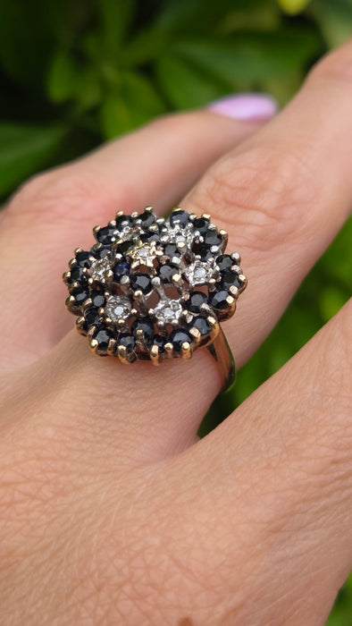 Vintage: 9ct Yellow Gold Sapphire & Diamond Floral Spray Cluster Ring