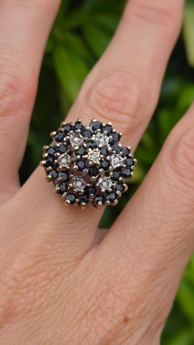 Vintage: 9ct Yellow Gold Sapphire & Diamond Floral Spray Cluster Ring