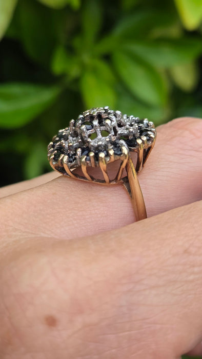 Vintage: 9ct Yellow Gold Sapphire & Diamond Floral Spray Cluster Ring