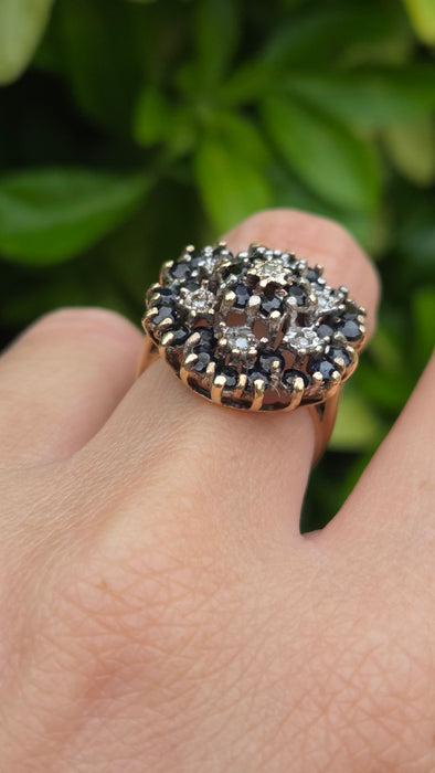 Vintage: 9ct Yellow Gold Sapphire & Diamond Floral Spray Cluster Ring