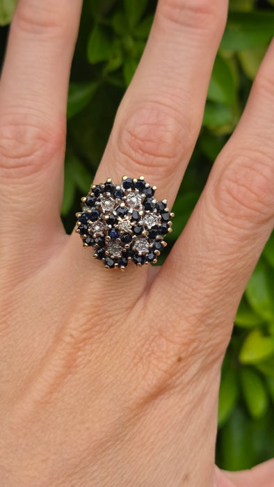 Vintage: 9ct Yellow Gold Sapphire & Diamond Floral Spray Cluster Ring