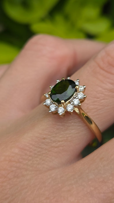 Vintage: 9ct Gold Tsavorite Garnet & Diamond Cluster Ring