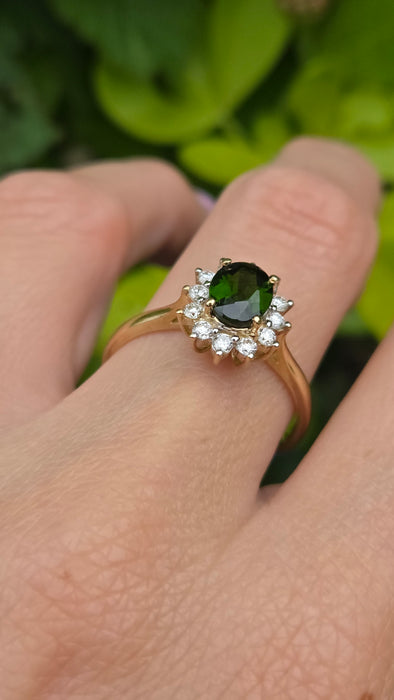 Vintage: 9ct Gold Tsavorite Garnet & Diamond Cluster Ring