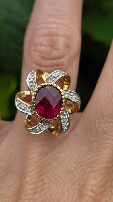 Vintage: 9ct Yellow Gold Rubellite & Diamond Dress Ring