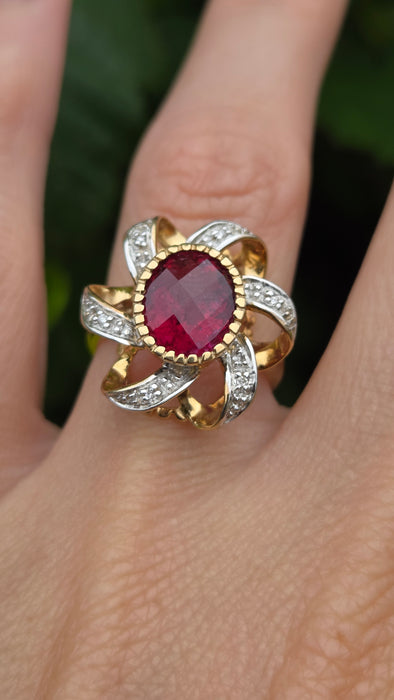 Vintage: 9ct Yellow Gold Rubellite & Diamond Dress Ring