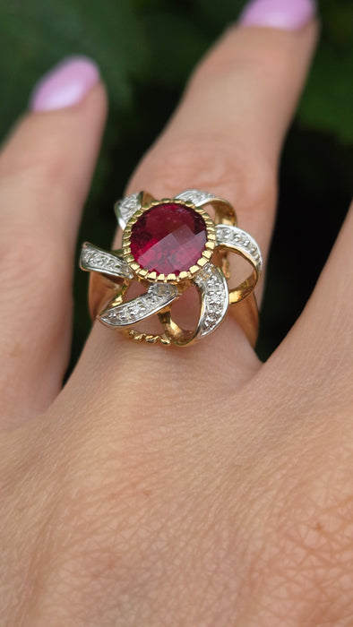 Vintage: 9ct Yellow Gold Rubellite & Diamond Dress Ring