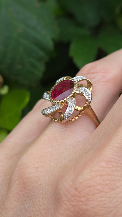 Vintage: 9ct Yellow Gold Rubellite & Diamond Dress Ring
