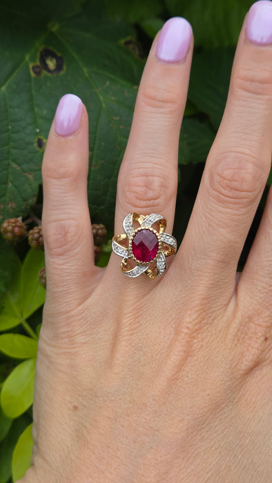 Vintage: 9ct Yellow Gold Rubellite & Diamond Dress Ring