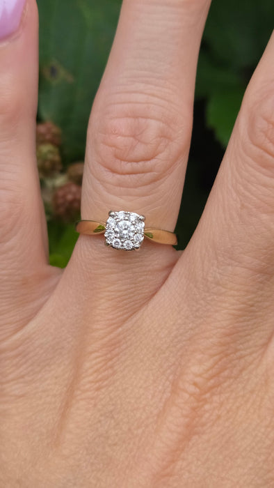 Vintage: 9ct Gold Diamond Cushion Cluster Ring