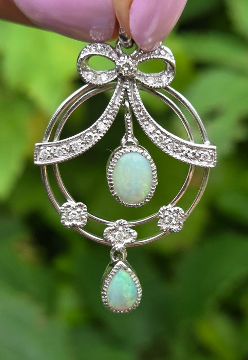 6618: Vintage: 9ct Gold White Opals Diamonds Pendulum Pendant- crisp, colourful, eye-candy