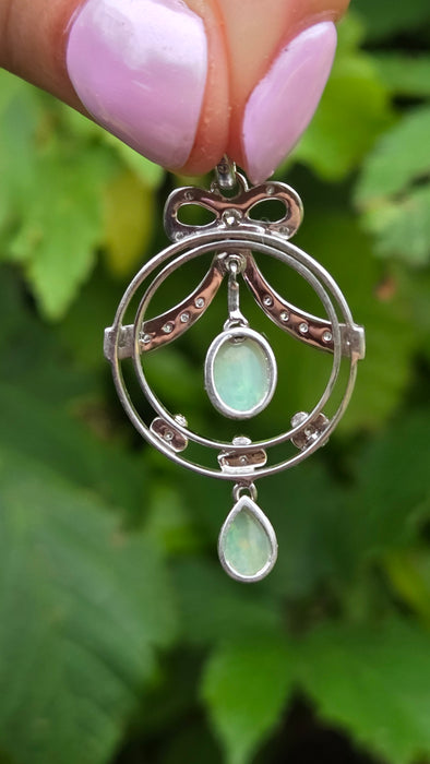 6618: Vintage: 9ct Gold White Opals Diamonds Pendulum Pendant- crisp, colourful, eye-candy