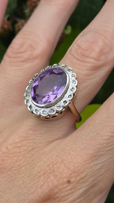 6605 - Vintage; 9ct Gold large Lilac Amethyst 20 Diamonds Diana Style Cluster Ring