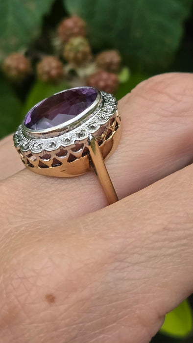 6605 - Vintage; 9ct Gold large Lilac Amethyst 20 Diamonds Diana Style Cluster Ring