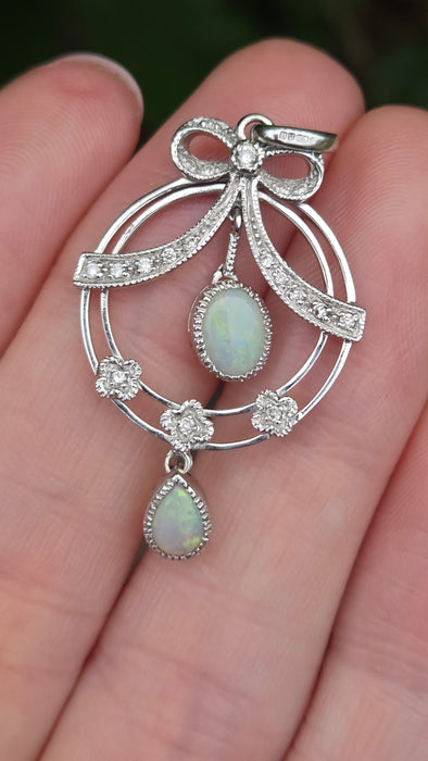 6618: Vintage: 9ct Gold White Opals Diamonds Pendulum Pendant- crisp, colourful, eye-candy