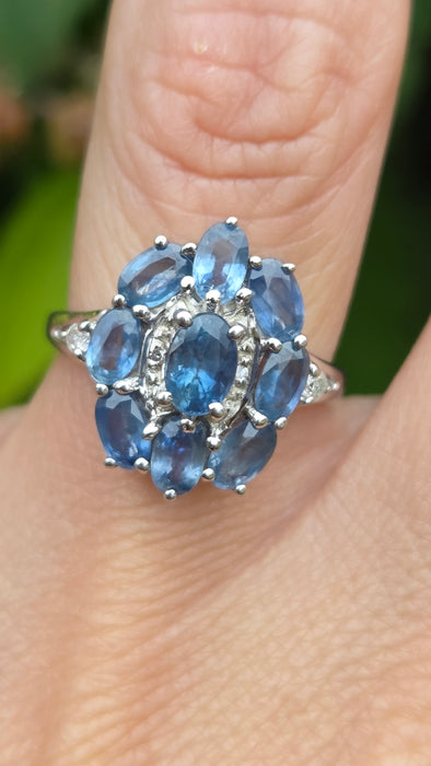 Vintage: 9ct White Gold Ceylon Sapphire & Diamond Floral Cluster Ring