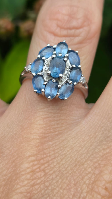 Vintage: 9ct White Gold Ceylon Sapphire & Diamond Floral Cluster Ring