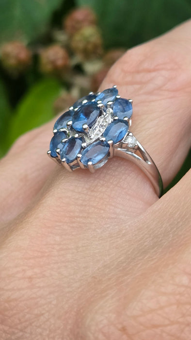 Vintage: 9ct White Gold Ceylon Sapphire & Diamond Floral Cluster Ring