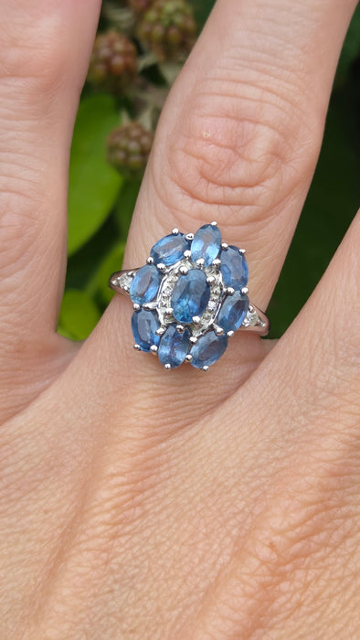 Vintage: 9ct White Gold Ceylon Sapphire & Diamond Floral Cluster Ring