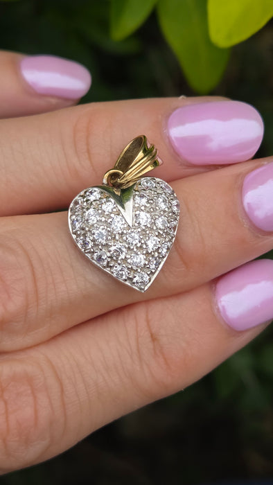 Vintage: 9ct Yellow & White Gold Simulated Diamond Pavé Heart Pendant