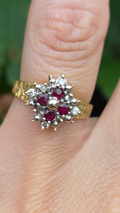 Vintage: 18ct Gold Ruby & Diamond Cluster Ring — From 1977