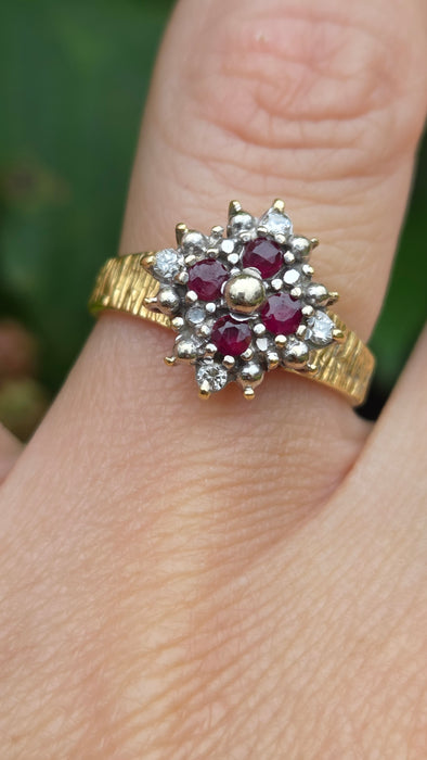 Vintage: 18ct Gold Ruby & Diamond Cluster Ring — From 1977