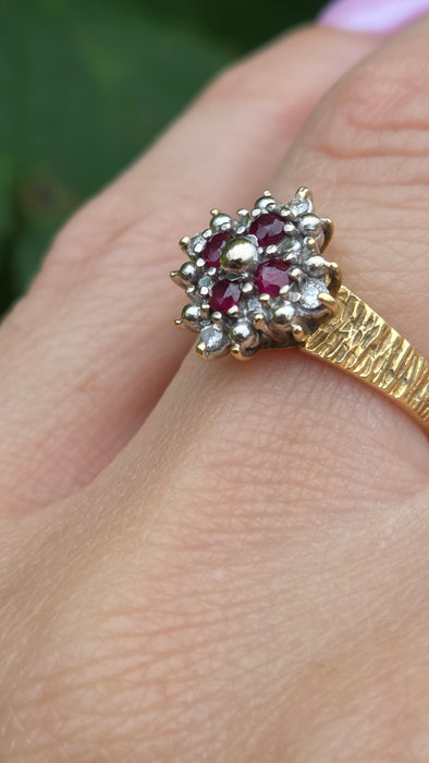 Vintage: 18ct Gold Ruby & Diamond Cluster Ring — From 1977