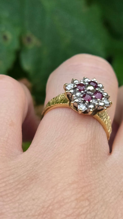 Vintage: 18ct Gold Ruby & Diamond Cluster Ring — From 1977