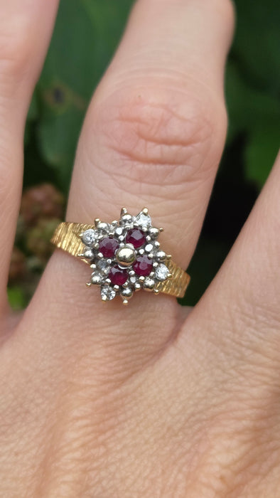 Vintage: 18ct Gold Ruby & Diamond Cluster Ring — From 1977