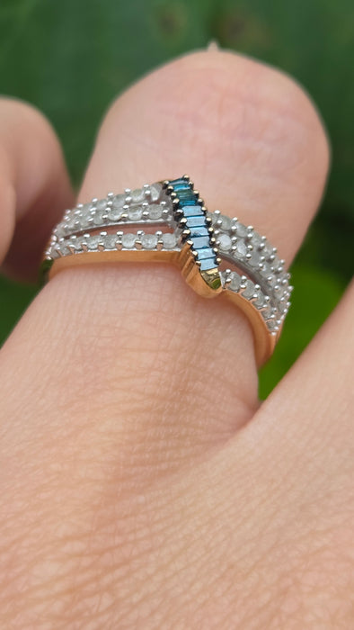 Vintage: 9ct Yellow Gold Blue & White Diamond Openwork Dress Ring