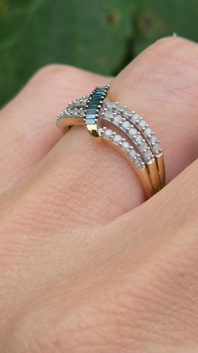 Vintage: 9ct Yellow Gold Blue & White Diamond Openwork Dress Ring