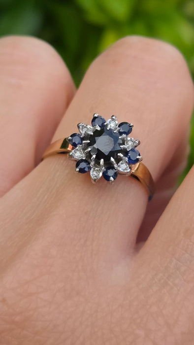 Vintage: 9ct Gold Sapphire & Diamond Flower Cluster Ring — From 1983