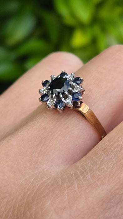 Vintage: 9ct Gold Sapphire & Diamond Flower Cluster Ring — From 1983