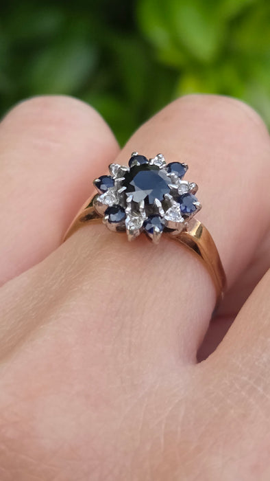 Vintage: 9ct Gold Sapphire & Diamond Flower Cluster Ring — From 1983