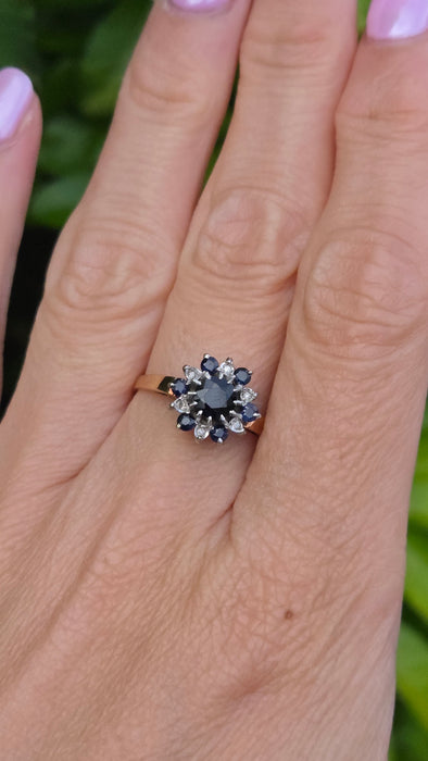 Vintage: 9ct Gold Sapphire & Diamond Flower Cluster Ring — From 1983