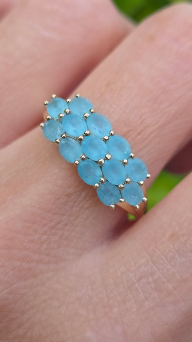 Vintage: 9ct Gold Aquamarine Three-Row Cluster Ring