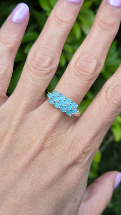 Vintage: 9ct Gold Aquamarine Three-Row Cluster Ring