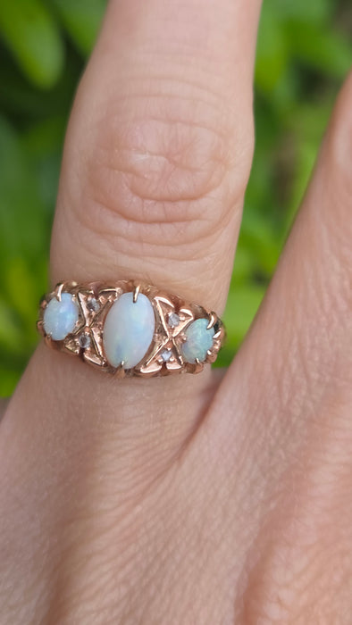 6616 Antique: 9ct Rose Gold Opal & Diamond Five-Stone Ring — From 1912