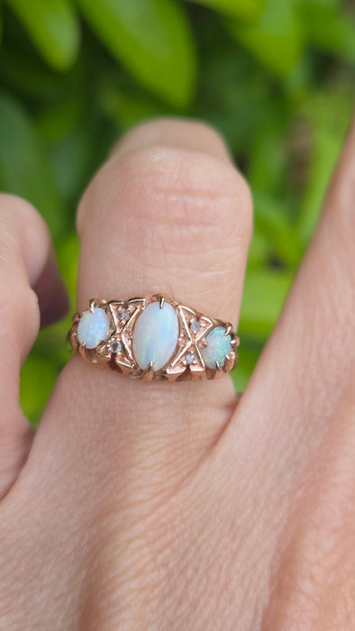 6616 Antique: 9ct Rose Gold Opal & Diamond Five-Stone Ring — From 1912