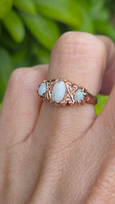 6616 Antique: 9ct Rose Gold Opal & Diamond Five-Stone Ring — From 1912