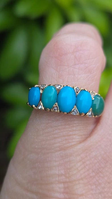 Antique: 18ct Gold Turquoise & Diamond Five-Stone Ring