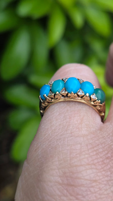 Antique: 18ct Gold Turquoise & Diamond Five-Stone Ring