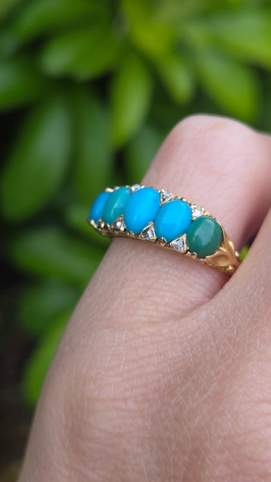 Antique: 18ct Gold Turquoise & Diamond Five-Stone Ring