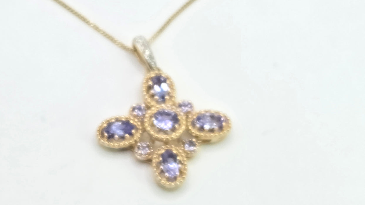 Vintage: 9ct Yellow Gold Tanzanite & Diamond Floral Cross Pendant & Chain