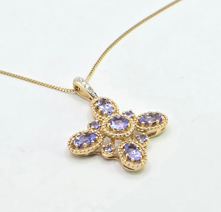 Vintage: 9ct Yellow Gold Tanzanite & Diamond Floral Cross Pendant & Chain